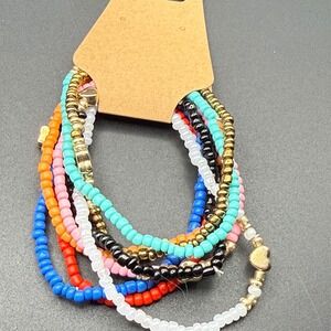 Boho Beaded Bracelets Set Of 7 Stackable Stretch Colorful Gold Heart Charm